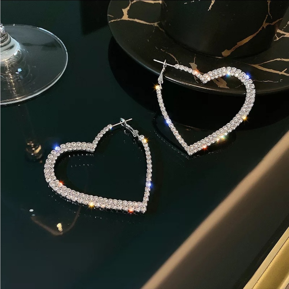 Woman's Barbiecore Rhinestone Earrings,Heart Shaped Hoop Rhinestones  Earrings